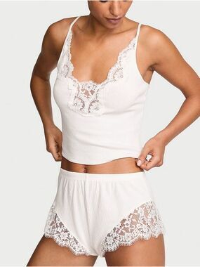 VS Dream Angels Pointelle Rib Lace-Trim Cami & Short Set Sz Lg NWT